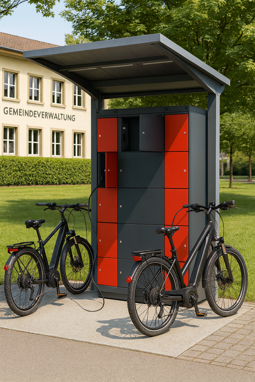 TOROBOX Outdoor E-Bike Station — wetterfester E-Bike Ladeschrank vor einer Gemeindeverwaltung