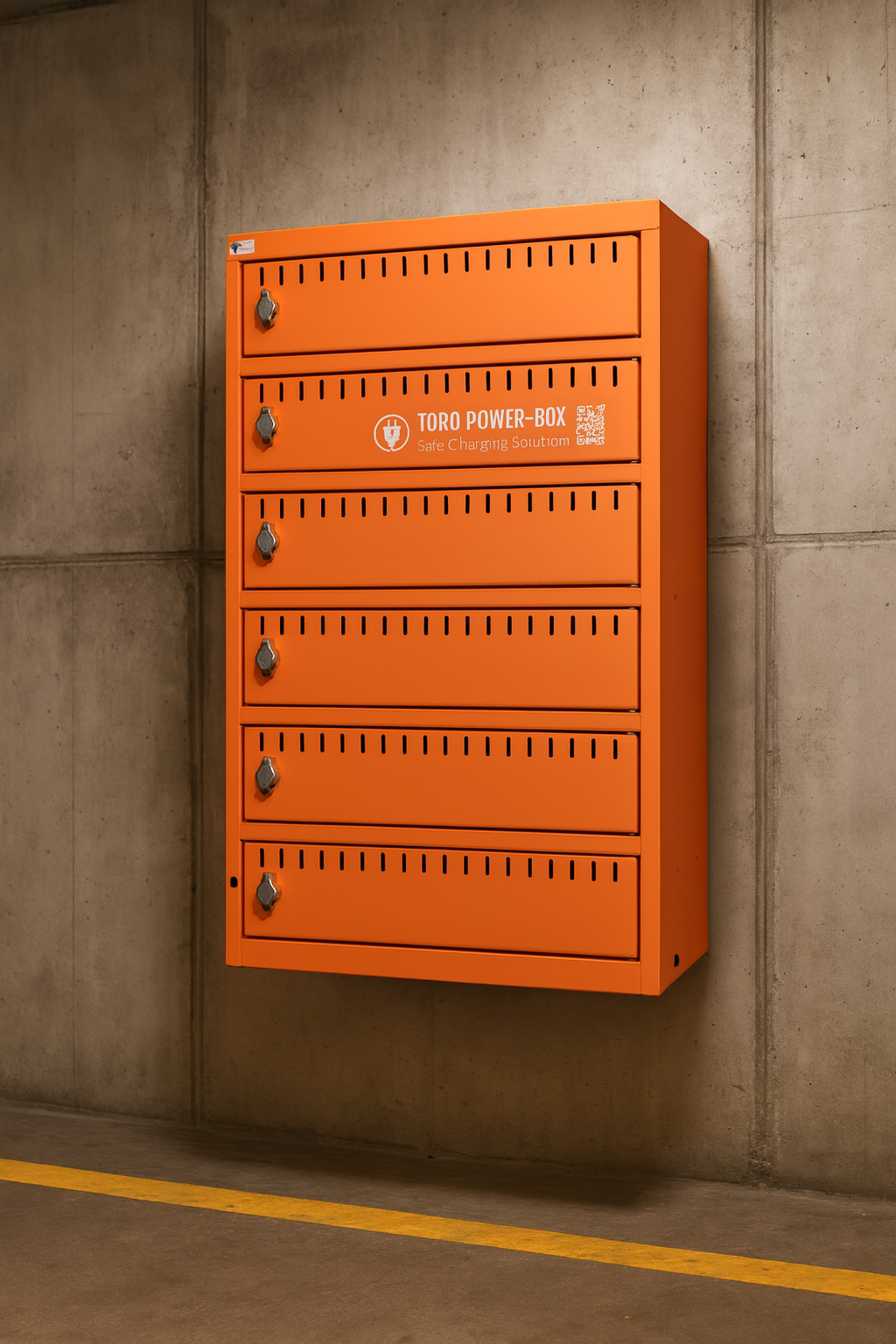 TOROBOX Indoor Wall Power-Box — wandmontierter Akku-Ladeschrank in der Tiefgarage